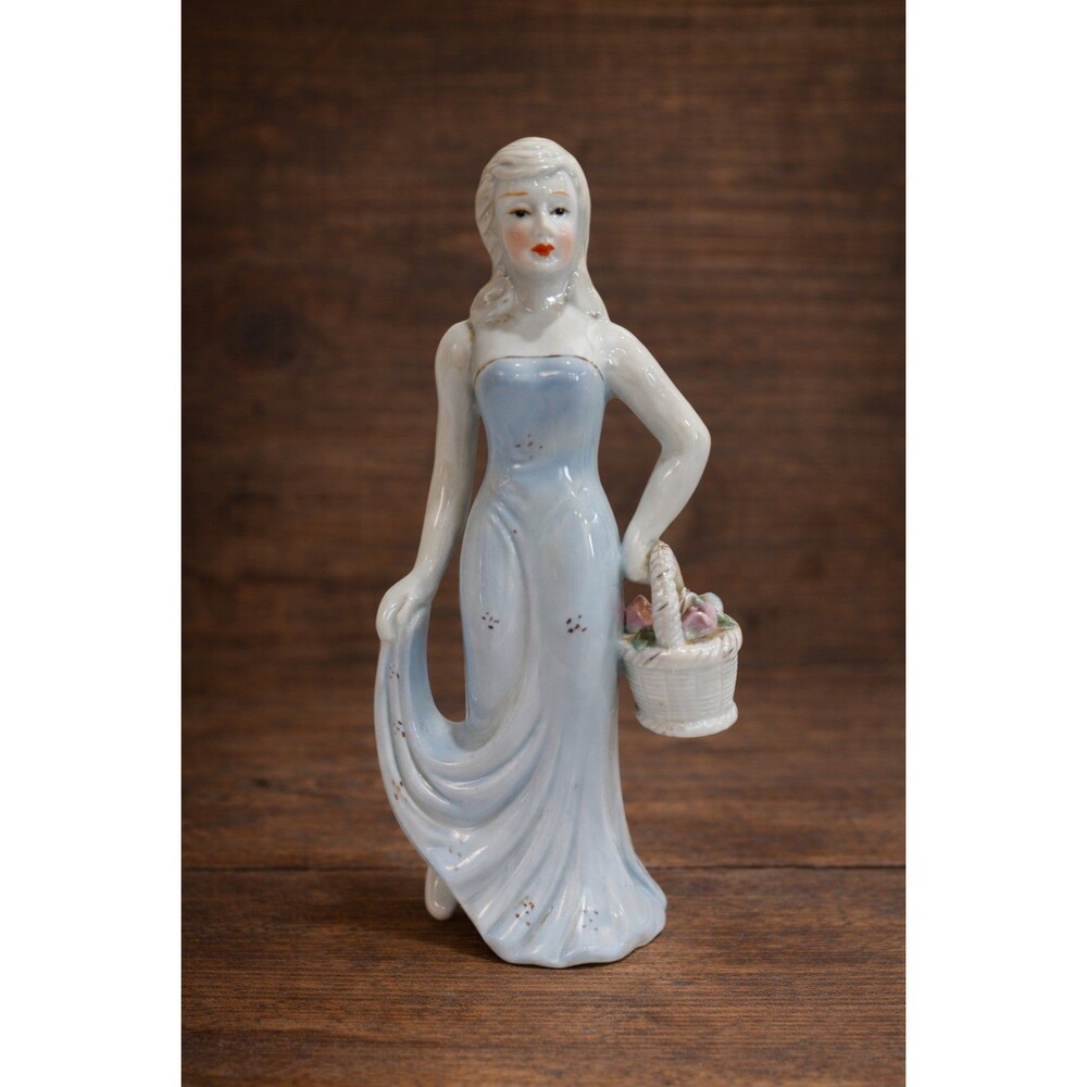 Figurine Figura de Porcelana Mujer con Canasta de Flores – Vintage